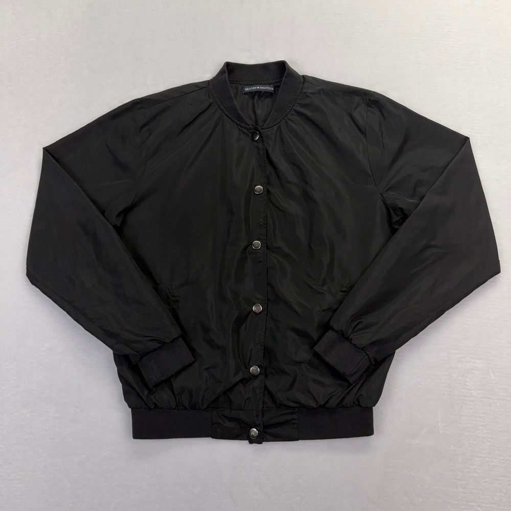 Brandy Melville Womens Black Snap Front Bomber Jacket Ribbed Trim One Size